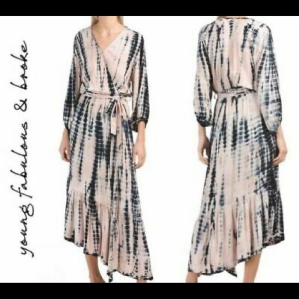 Young Fabulous & Broke Jillian Faux Wrap Midi Maxi Dress Tie Dye Ruffle No Belt